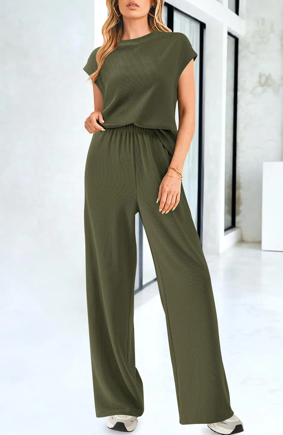 BTFBM Women Two Piece Outfits Summer Short Sleeve Knit Tops Wide Leg Pants Lounge Matching Sets Sweatsuit Airport