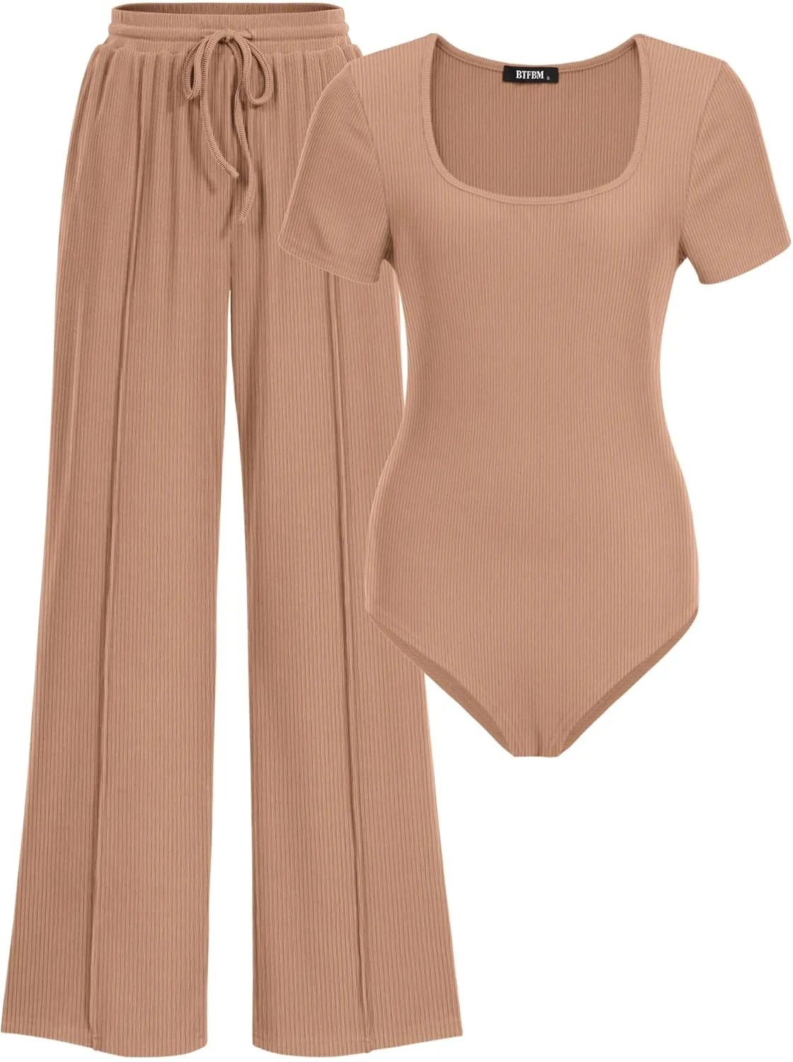 BTFBM Womens Casual 2 Pieces Outfits Dressy Square Neck Short Sleeve Bodysuit Drawstring Pants Knit Lounge Matching Sets