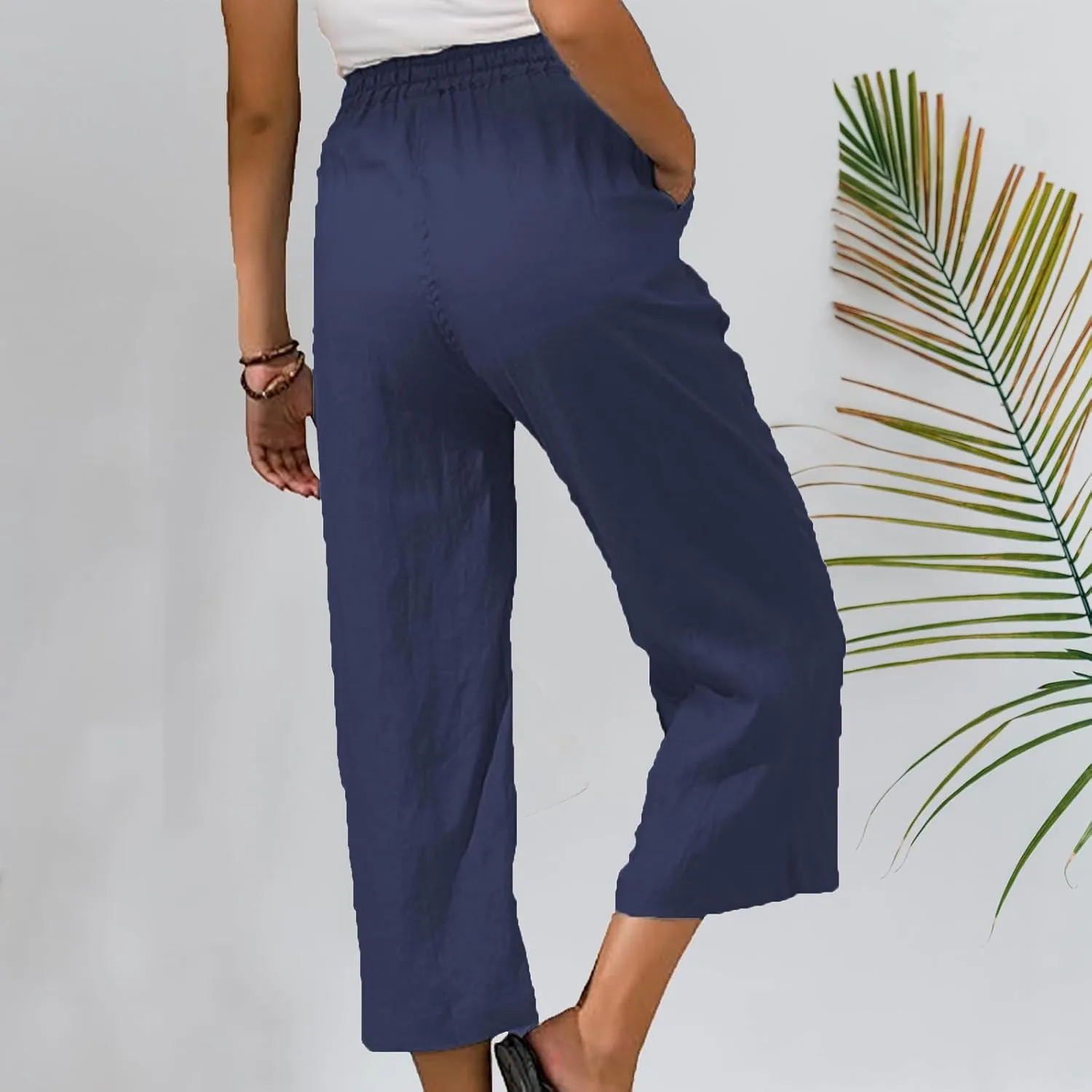 Capri Pants for Women 2025 Summer Drawstring Elastic High Waist Casual Capris Straight Wide Leg Cotton Linen Pants