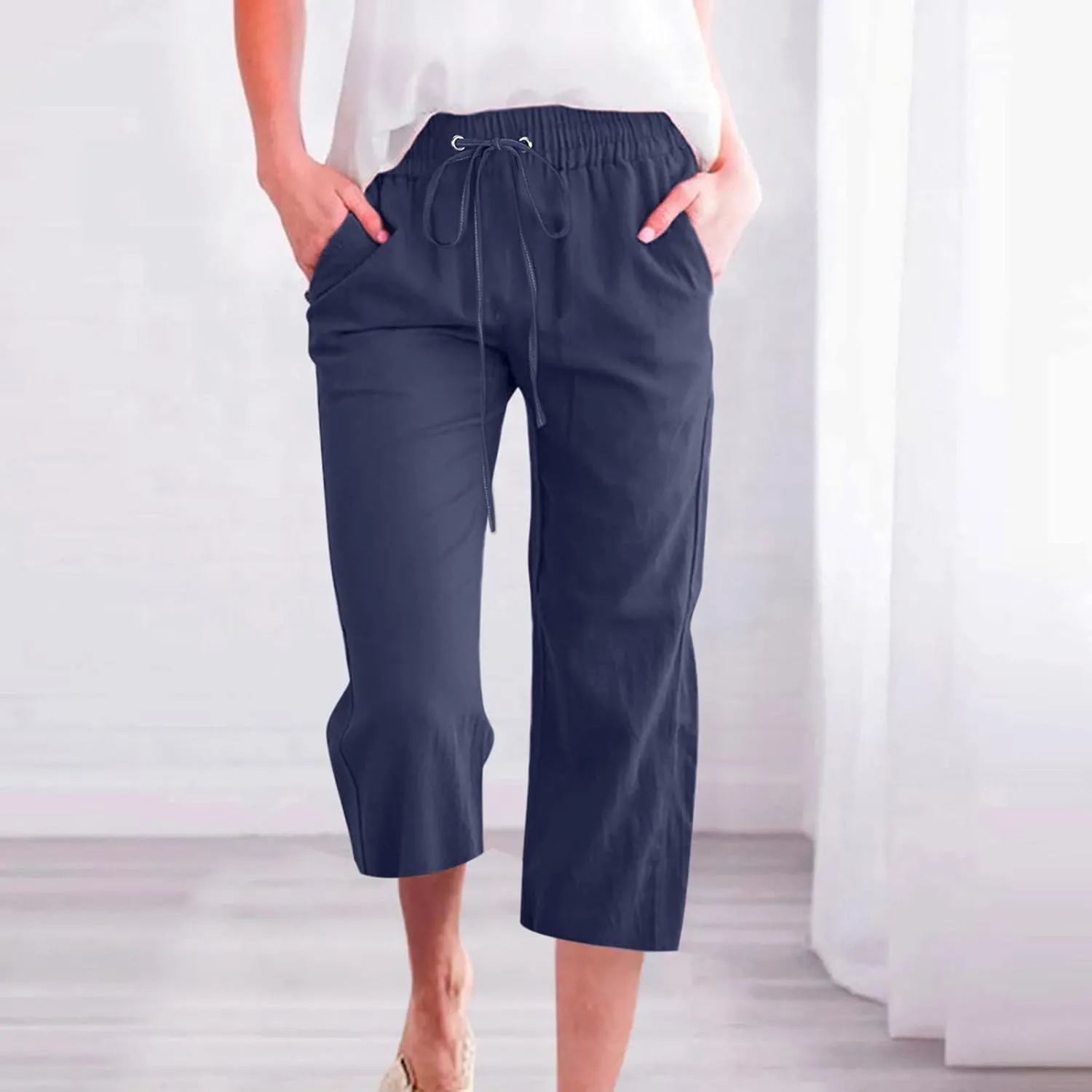Capri Pants for Women 2025 Summer Drawstring Elastic High Waist Casual Capris Straight Wide Leg Cotton Linen Pants