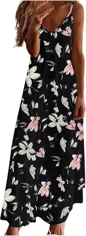 Casual Dresses for Women Boho Summer Sundress 2025 Spaghetti Strap V Neck Flowy Maxi Dresses Flower Print Dress