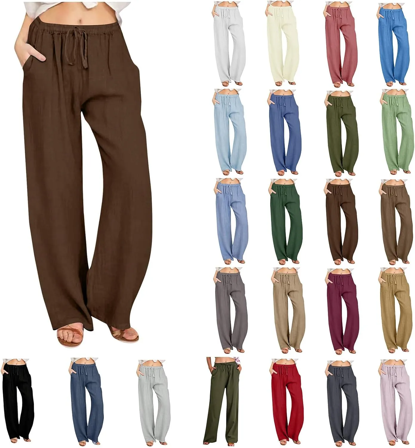Casual Linen Pants Women 2024 Trendy Wide Leg Long Pant with Pockets Drawstring Summer Fall Palazzo Trousers, Large