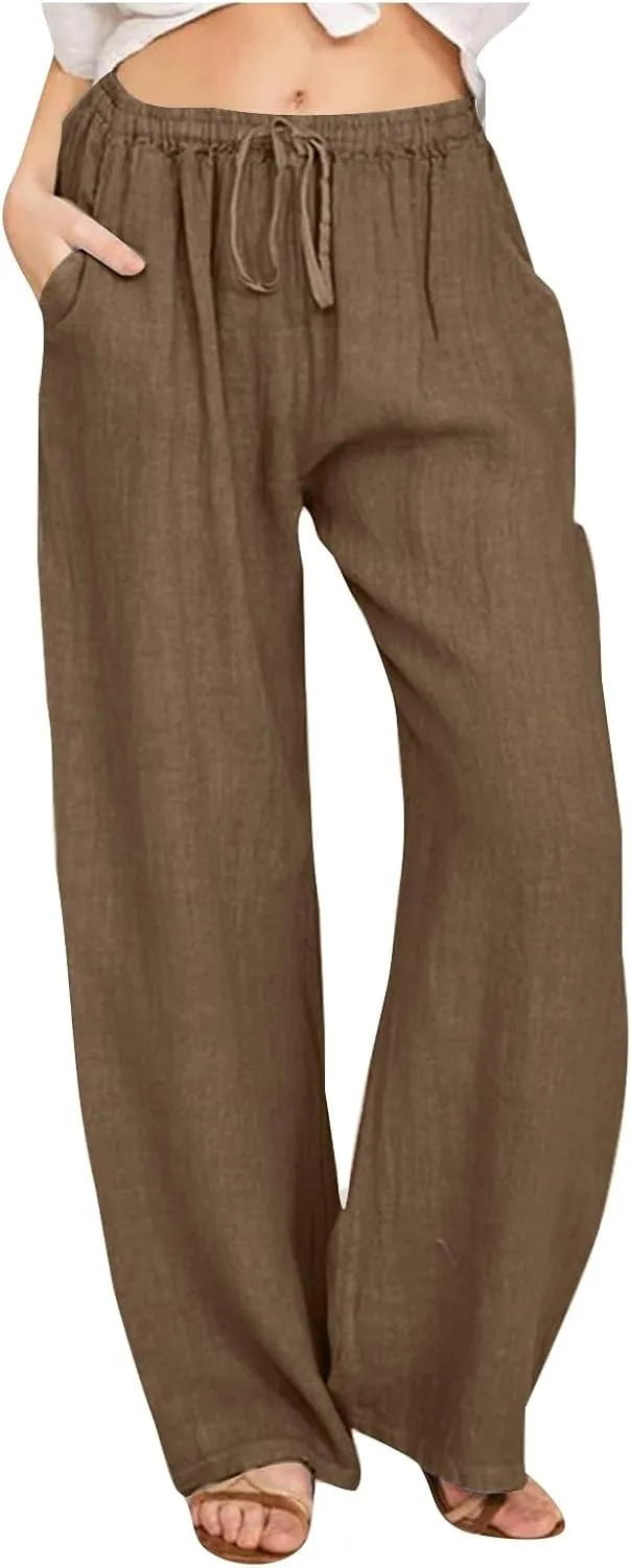 Casual Linen Pants Women 2024 Trendy Wide Leg Long Pant with Pockets Drawstring Summer Fall Palazzo Trousers, Large