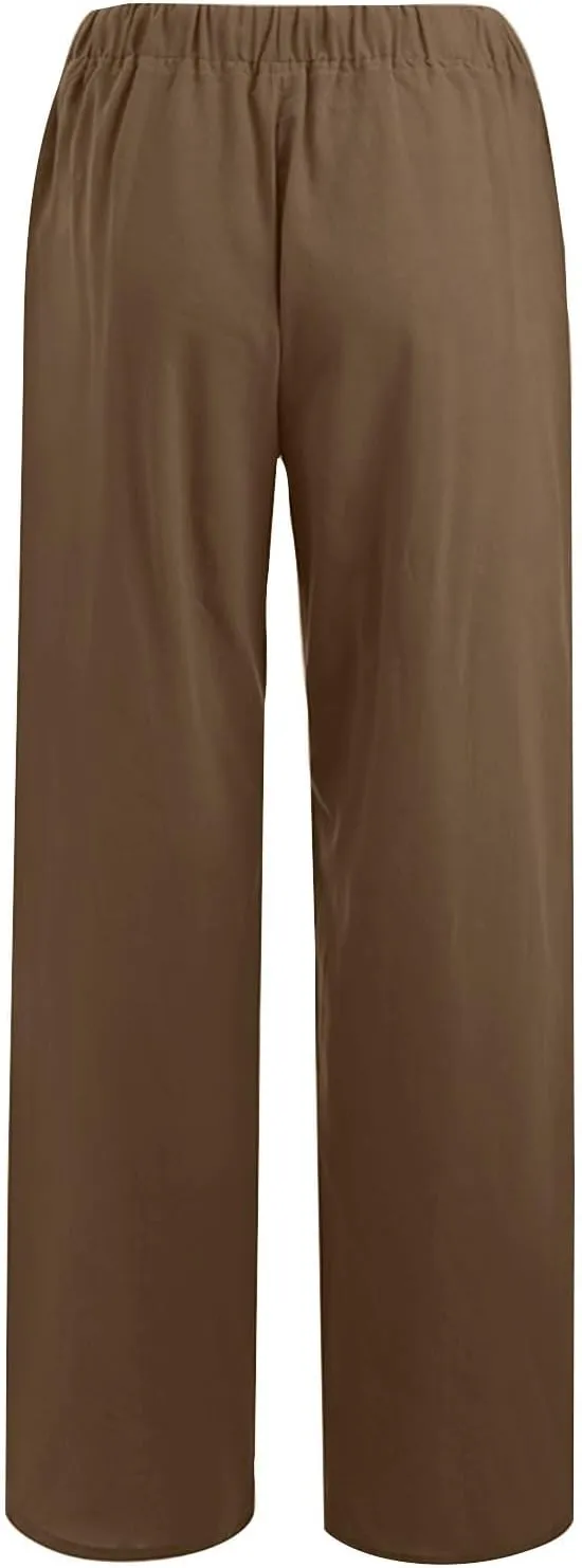 Casual Linen Pants Women 2024 Trendy Wide Leg Long Pant with Pockets Drawstring Summer Fall Palazzo Trousers, Large