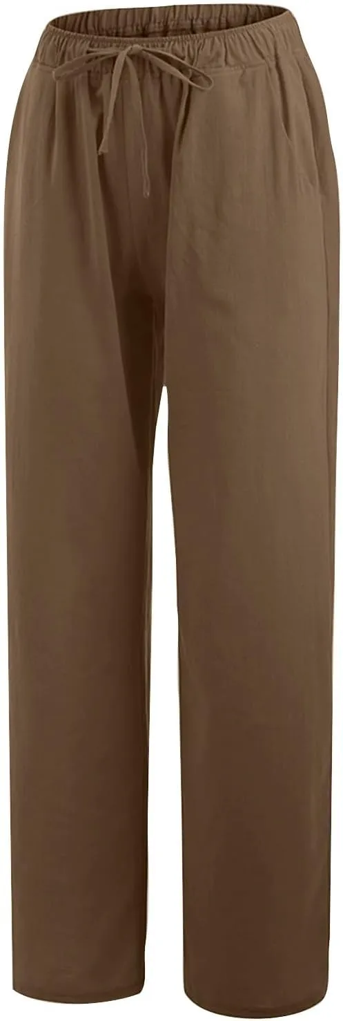 Casual Linen Pants Women 2024 Trendy Wide Leg Long Pant with Pockets Drawstring Summer Fall Palazzo Trousers, Large