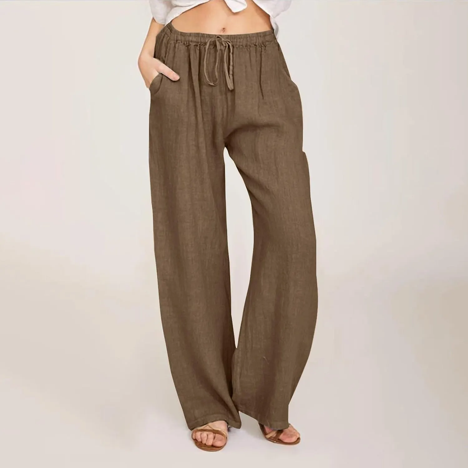 Casual Linen Pants Women 2024 Trendy Wide Leg Long Pant with Pockets Drawstring Summer Fall Palazzo Trousers, Large