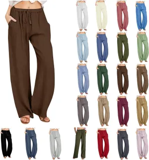 Casual Linen Pants Women 2024 Trendy Wide Leg Long Pant with Pockets Drawstring Summer Fall Palazzo Trousers, Large