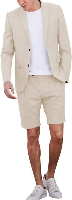 Casual Linen Short Suit Sets for Men Summer Suit Beach Wedding 2 Piece Tuxedo Blazer Shorts Suit