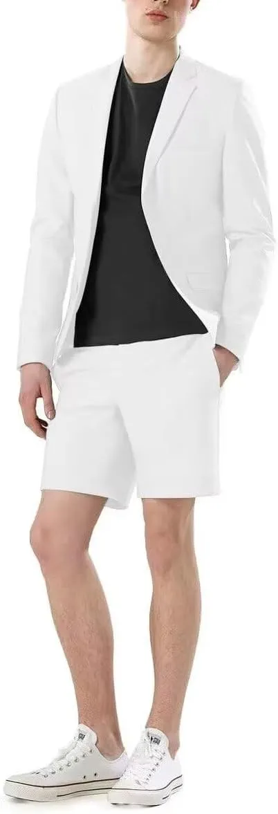 Casual Linen Short Suit Sets for Men Summer Suit Beach Wedding 2 Piece Tuxedo Blazer Shorts Suit