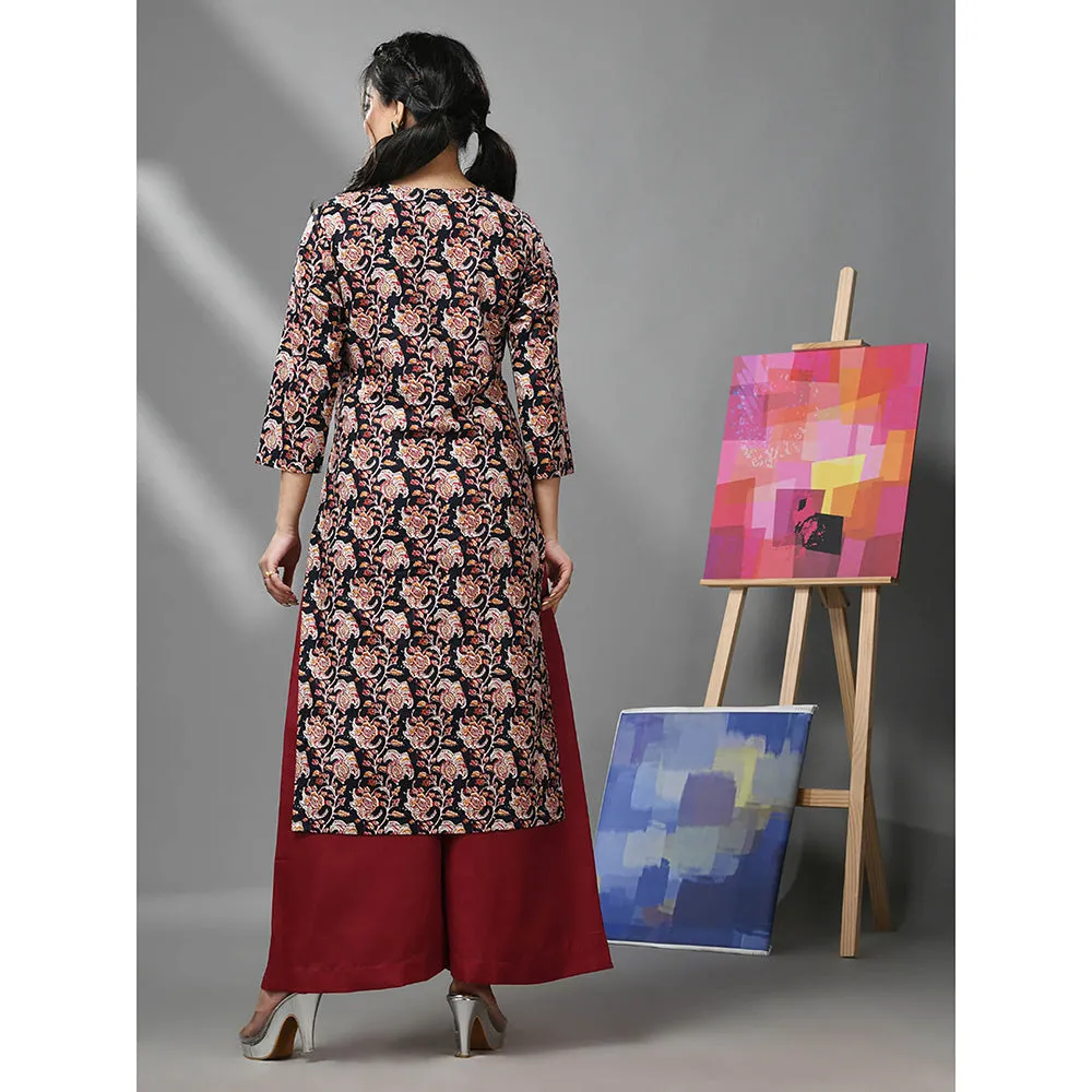 CHARUKRITI Black and Maroon Cotton Floral Printed Kurta with Palazzo (Set of 2)