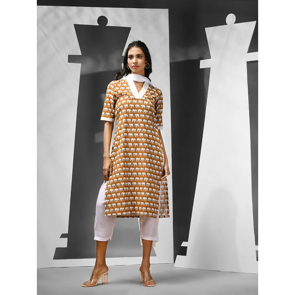 CHARUKRITI Mustard Cotton Ethnic Printed Kurta with Pant & Dupatta (Set of 3)