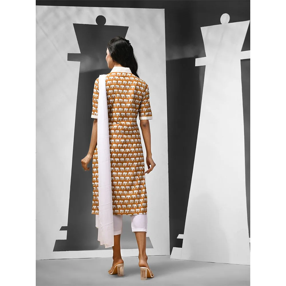 CHARUKRITI Mustard Cotton Ethnic Printed Kurta with Pant & Dupatta (Set of 3)