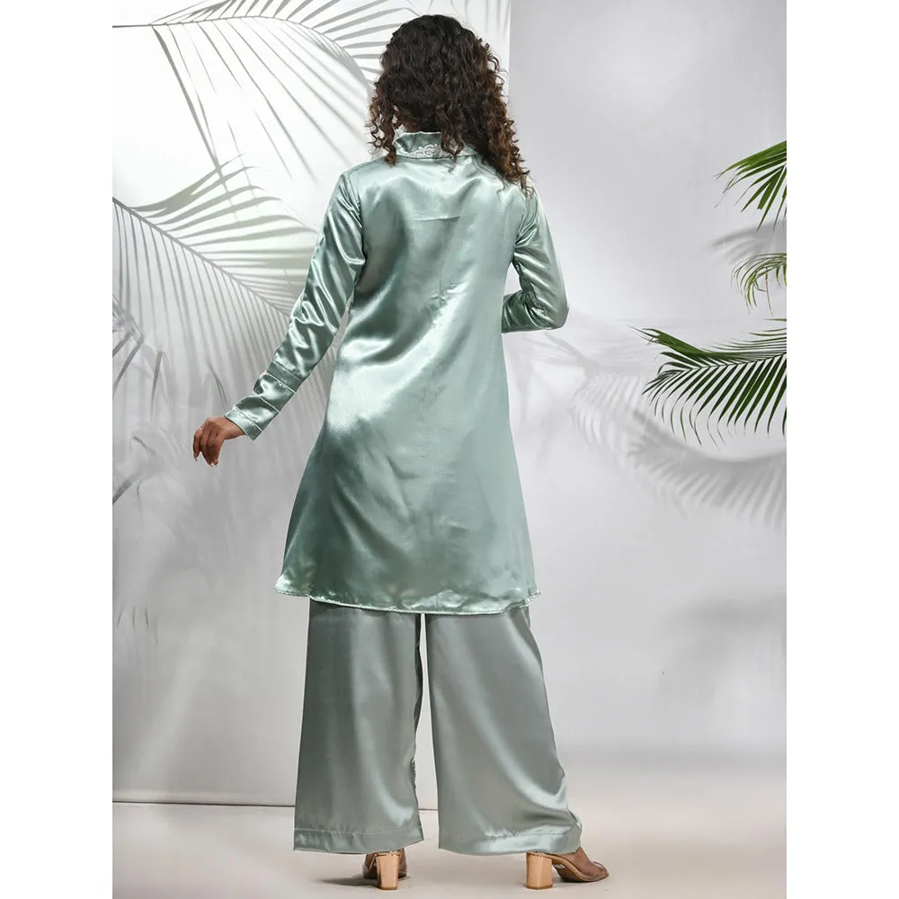 CHARUKRITI Sage Green Satin Co-Ord with Beads Work (Set of 2)