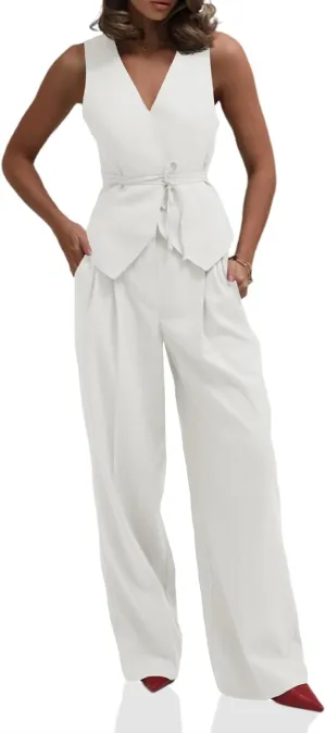 Cicy Bell Womens 2 Piece Outfits V Neck Tie Waist Blazer Vest and Wide Leg Business Casual Suit Pants Sets