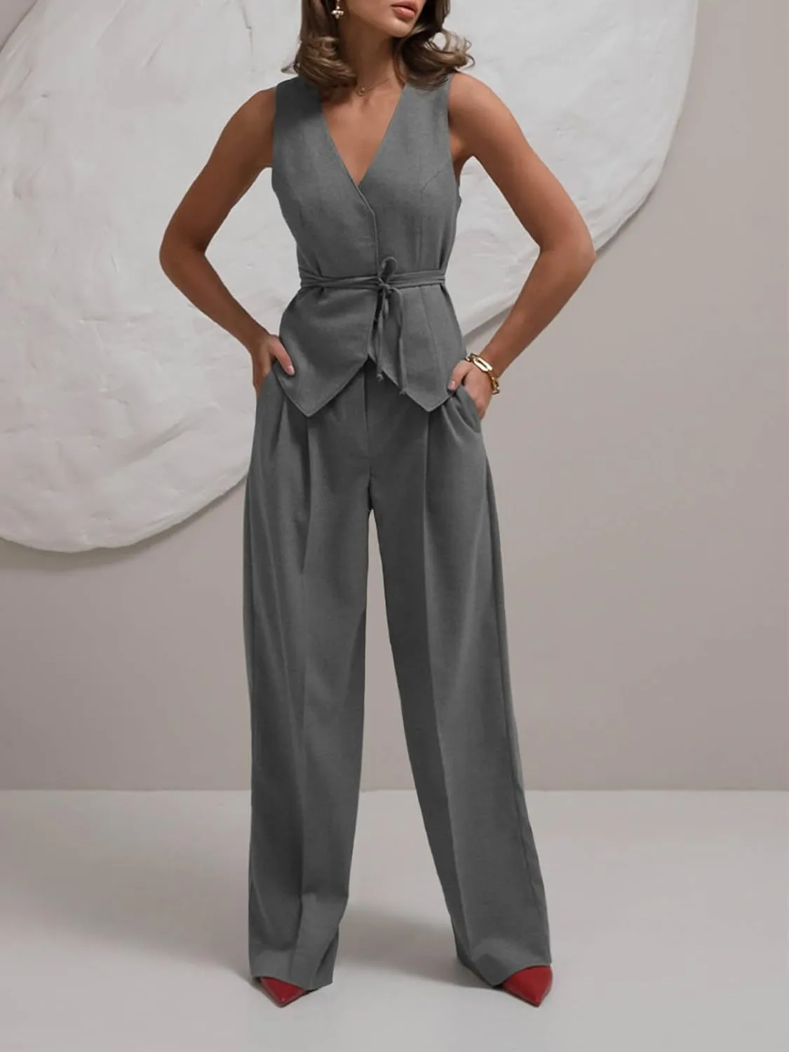 Cicy Bell Womens 2 Piece Outfits V Neck Tie Waist Blazer Vest and Wide Leg Business Casual Suit Pants Sets