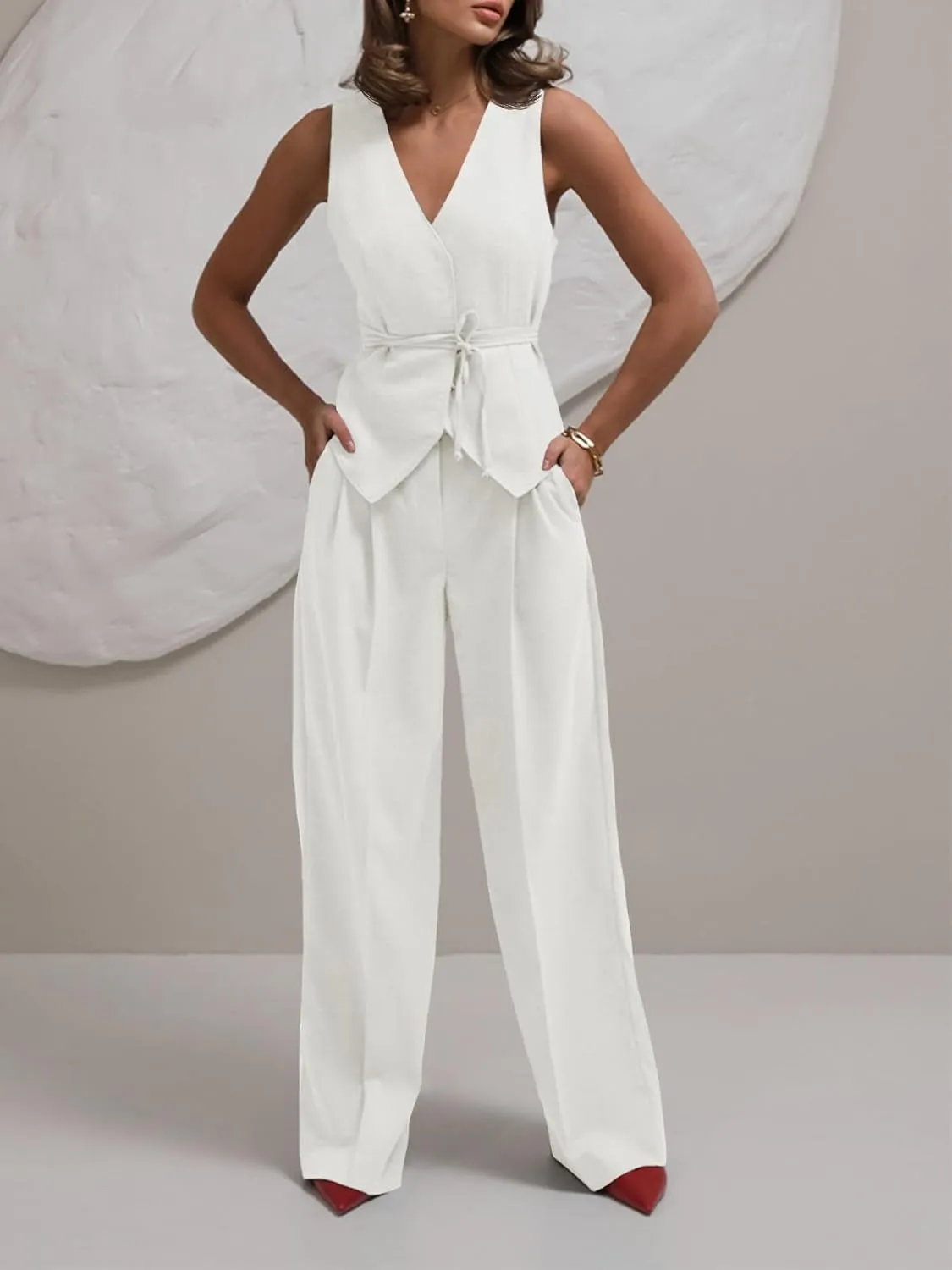 Cicy Bell Womens 2 Piece Outfits V Neck Tie Waist Blazer Vest and Wide Leg Business Casual Suit Pants Sets