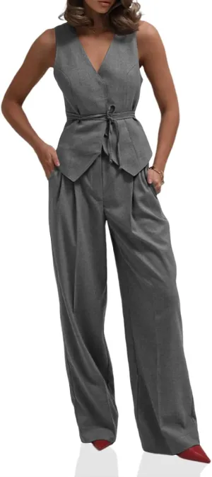 Cicy Bell Womens 2 Piece Outfits V Neck Tie Waist Blazer Vest and Wide Leg Business Casual Suit Pants Sets