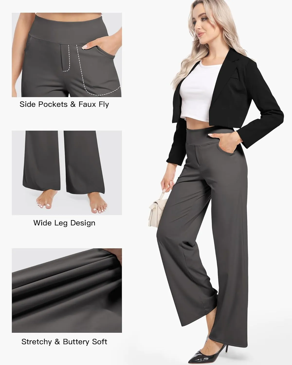 CL convallaria Womens Wide Leg Trouser Yoga Pants with Pockets High Waist Stretchy Work Casual Pant Petite Regular