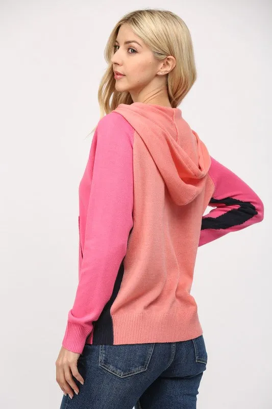 Colorblock Hooded Lightweight Knit Sweater