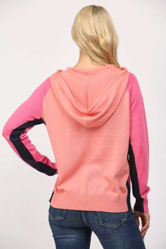 Colorblock Hooded Lightweight Knit Sweater