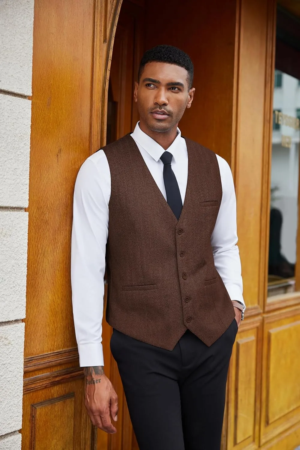 COOFANDY Men's Herringbone Tweed Suit Vests Slim Fit Waistcoat Casual Business Dress Vest