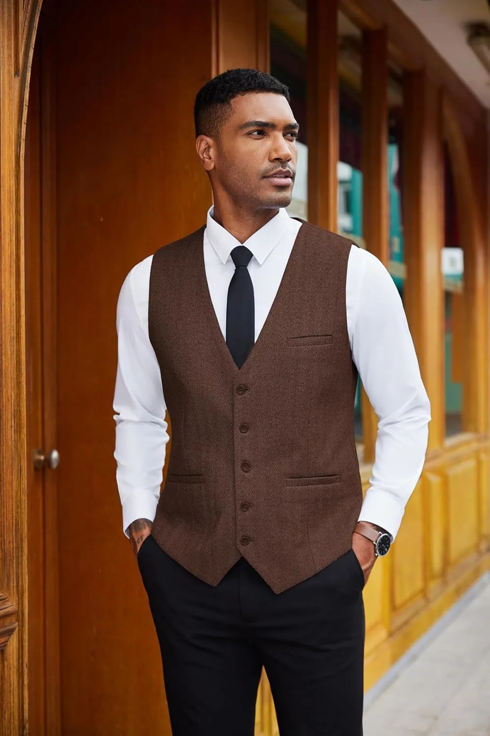 COOFANDY Men's Herringbone Tweed Suit Vests Slim Fit Waistcoat Casual Business Dress Vest