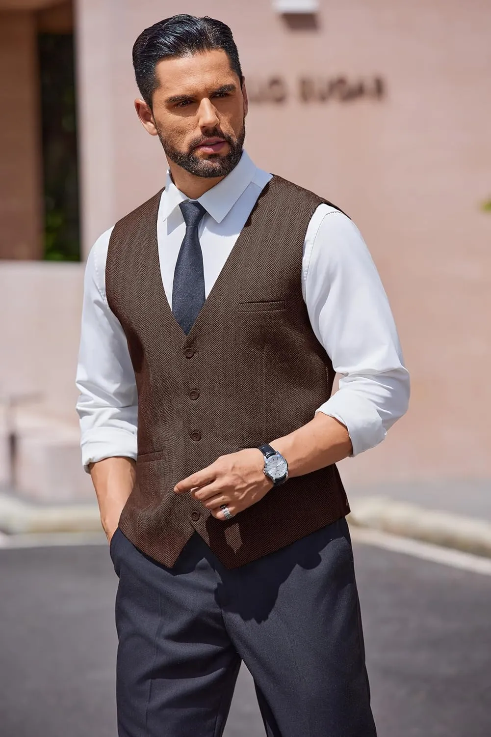 COOFANDY Men's Herringbone Tweed Suit Vests Slim Fit Waistcoat Casual Business Dress Vest