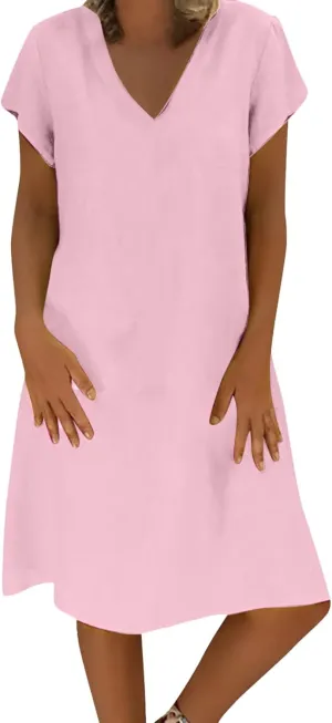 Cotton Linen Dress Short Sleeve Cotton Casual Plus Size Ladies Dress Comfy Plus Size Sundress Cotton Dresses for