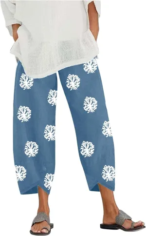 Cotton Linen Pants for Women Printed Capri Pants Plus Size Wide Leg Sweatpants Summer Cropped Elastic Waist Trousers, Medium, Y001-blue