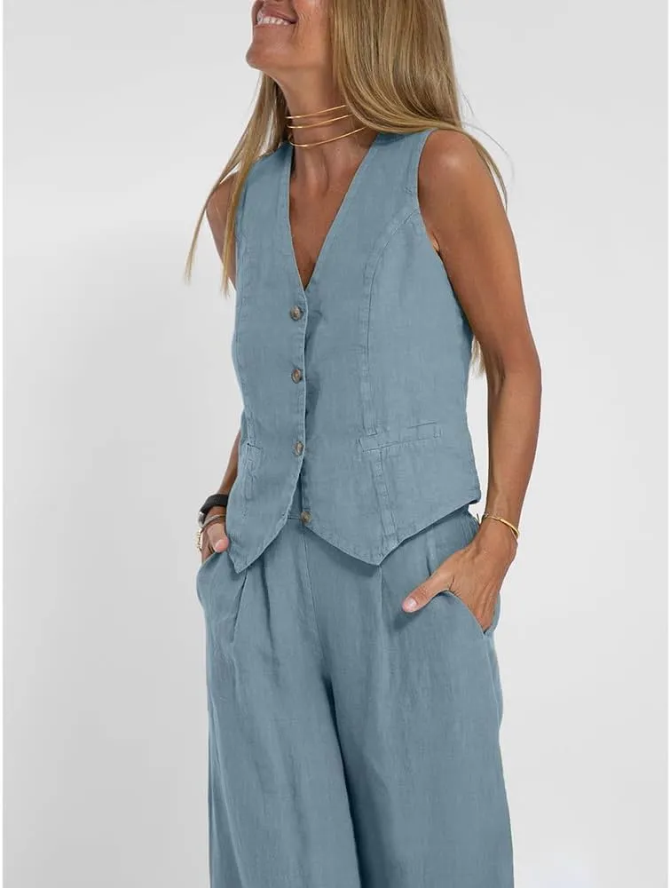 Cotton Linen Summer 2 Piece Outfits Women Linen Button V Neck Vest and Wide Leg Pants Suit Matching Sets