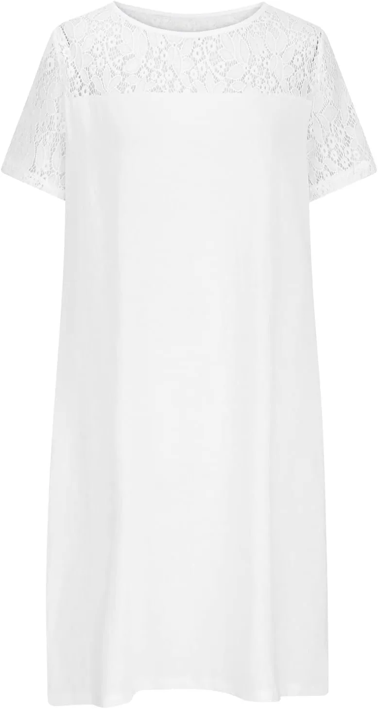 Cotton Linen Summer Dresses for Women 2023 Casual Knee Length Dress Lace Short Sleeve Solid Dresses Fashion Sundress