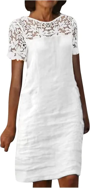 Cotton Linen Summer Dresses for Women 2023 Casual Knee Length Dress Lace Short Sleeve Solid Dresses Fashion Sundress