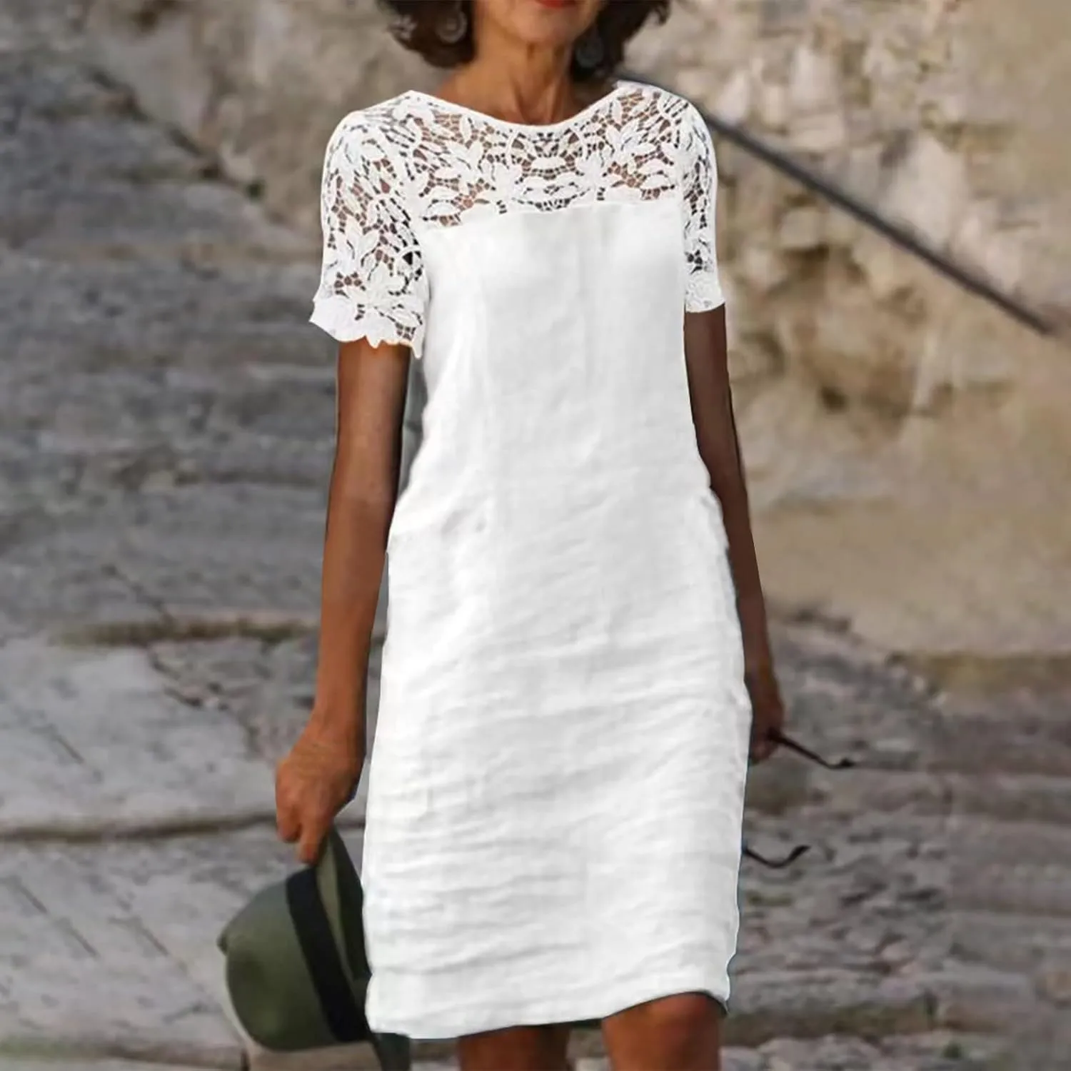 Cotton Linen Summer Dresses for Women 2023 Casual Knee Length Dress Lace Short Sleeve Solid Dresses Fashion Sundress
