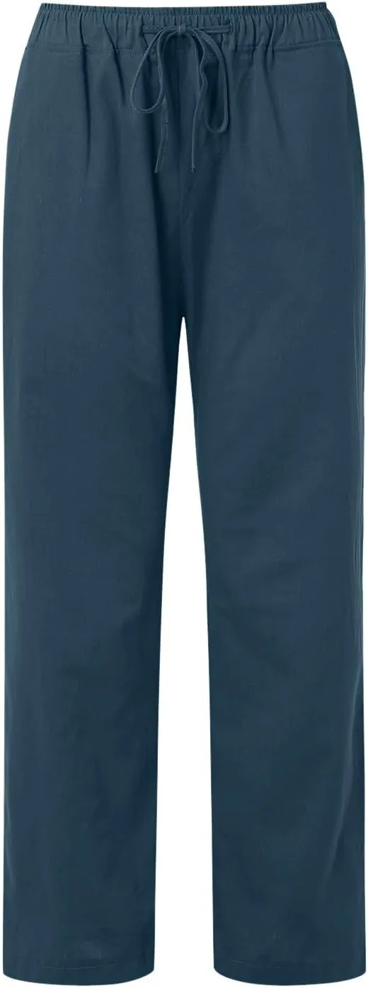 Cotton Pants for Women Solid Drawstring High Waist Self-Tie Casual Trousers Loose Fit Straight Leg Pants with Pockets