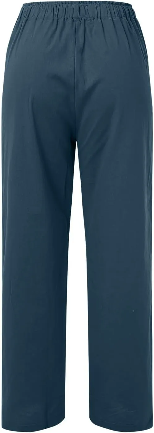Cotton Pants for Women Solid Drawstring High Waist Self-Tie Casual Trousers Loose Fit Straight Leg Pants with Pockets