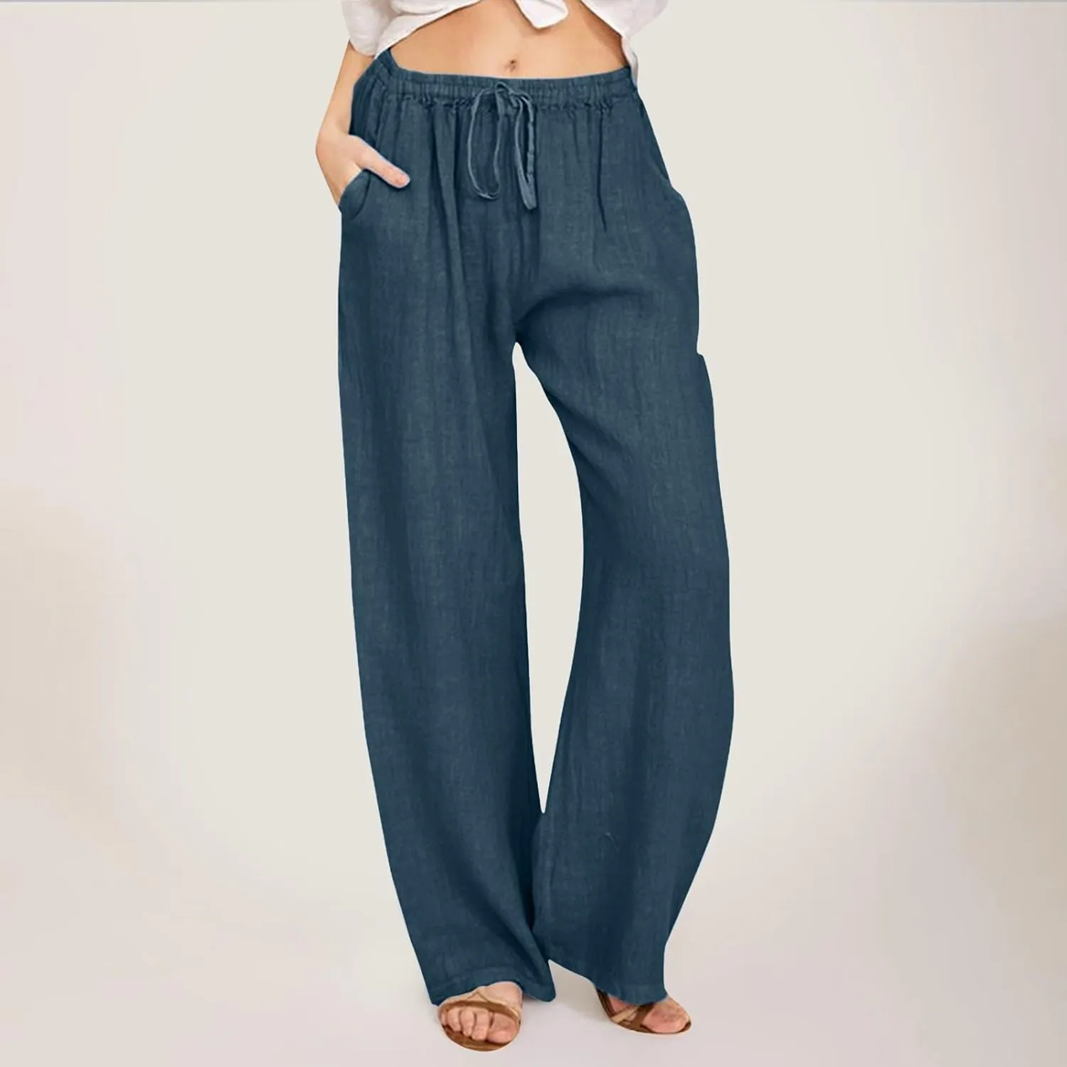 Cotton Pants for Women Solid Drawstring High Waist Self-Tie Casual Trousers Loose Fit Straight Leg Pants with Pockets