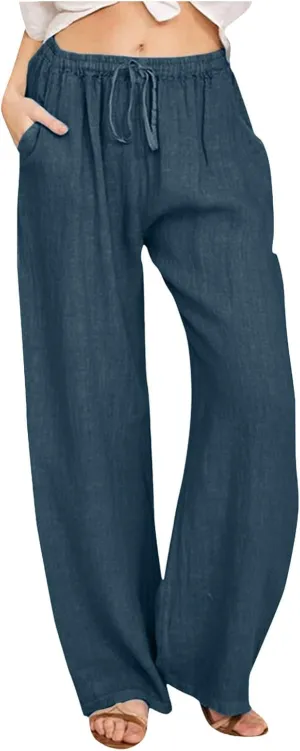 Cotton Pants for Women Solid Drawstring High Waist Self-Tie Casual Trousers Loose Fit Straight Leg Pants with Pockets