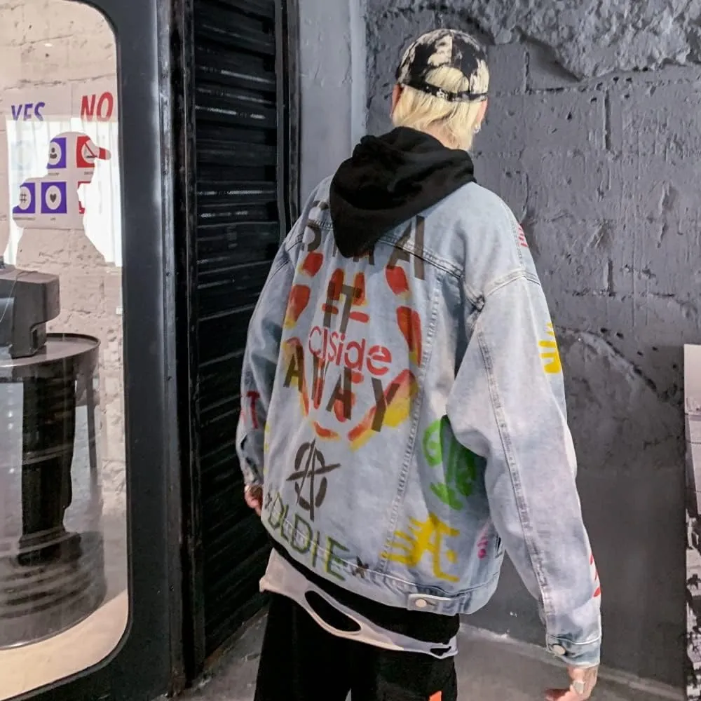 Couple Jacket Denim Jacket Loose Graffiti Spoof,Blue,M