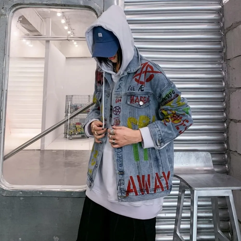 Couple Jacket Denim Jacket Loose Graffiti Spoof,Blue,M
