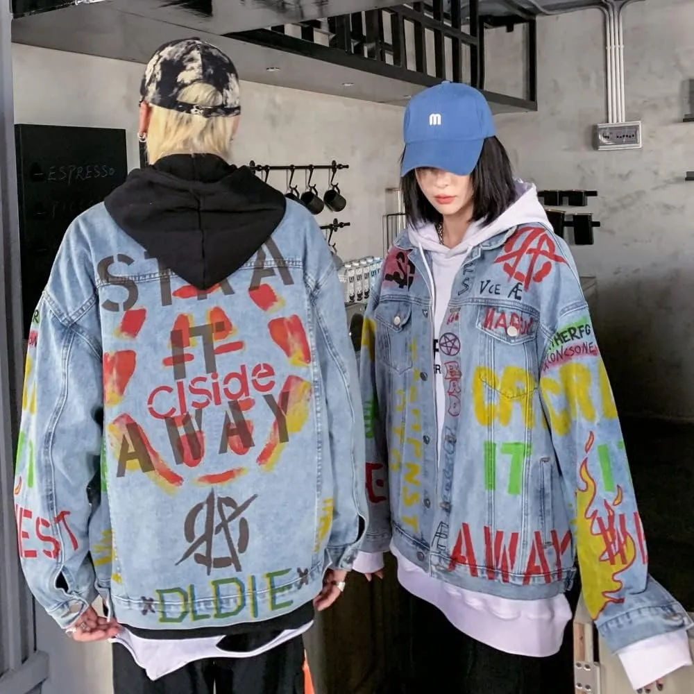Couple Jacket Denim Jacket Loose Graffiti Spoof,Blue,M