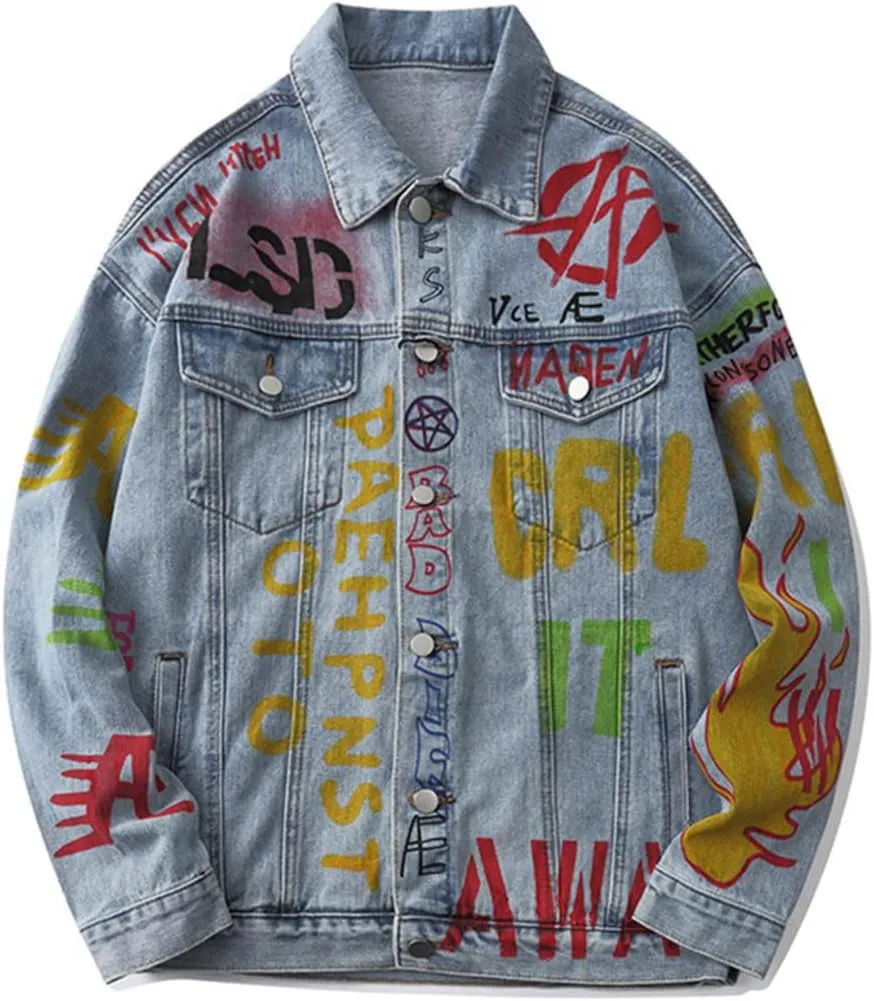 Couple Jacket Denim Jacket Loose Graffiti Spoof,Blue,M