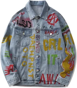 Couple Jacket Denim Jacket Loose Graffiti Spoof,Blue,M