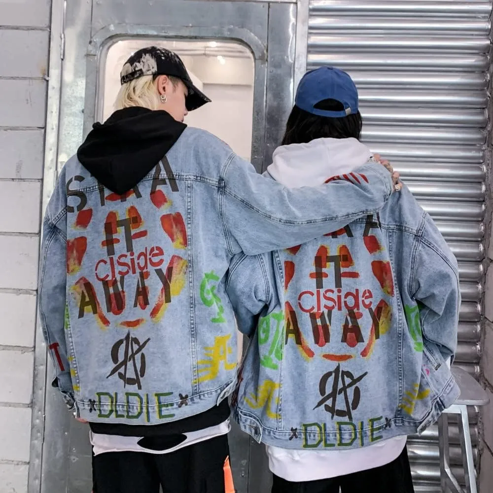 Couple Jacket Denim Jacket Loose Graffiti Spoof,Blue,M