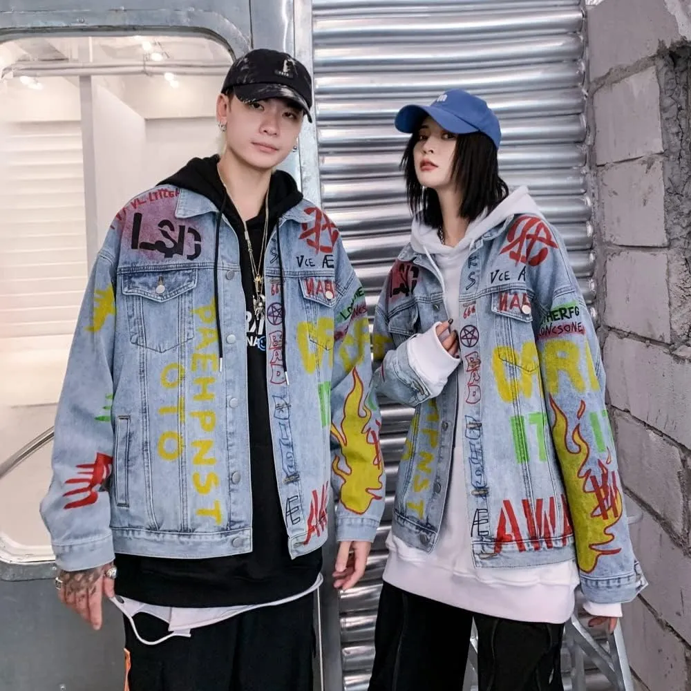 Couple Jacket Denim Jacket Loose Graffiti Spoof,Blue,M