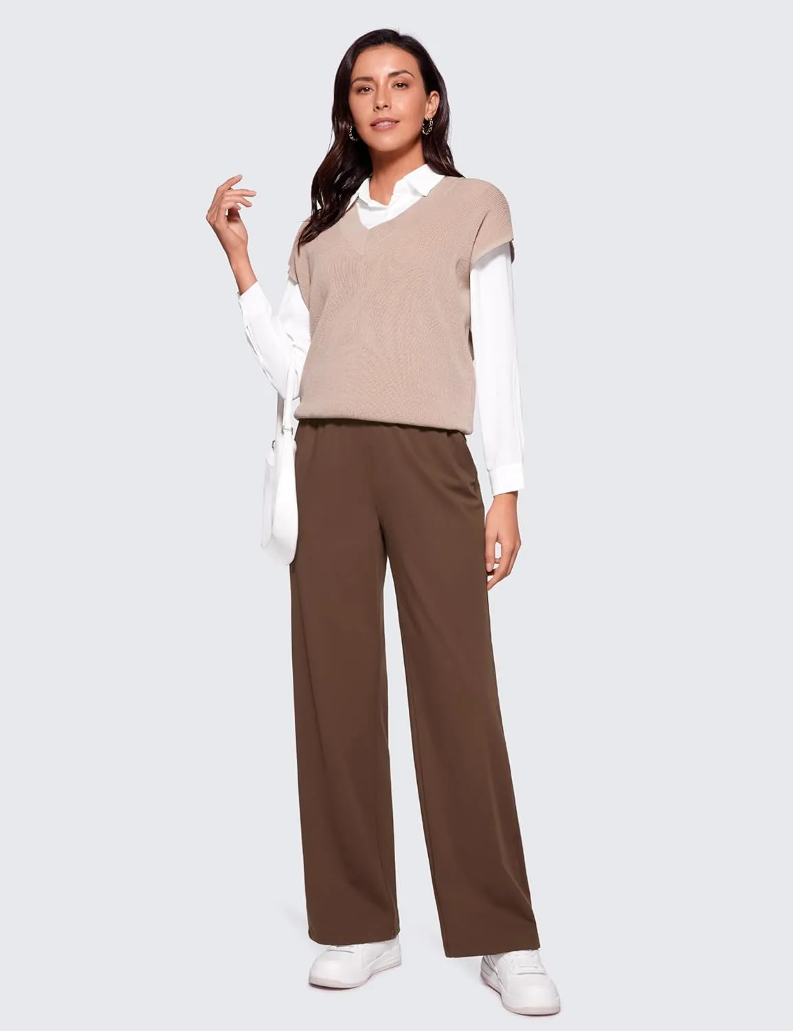 CRZ YOGA 4-Way Stretch Casual Pants for Womens 30.5" Straight Wide Leg Work Pants with Pockets