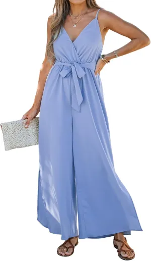 CUPSHE Women Casual Loose Sleeveless Jumpsuit Belted Spaghetti Strap Wide Leg Long Romper Outfit