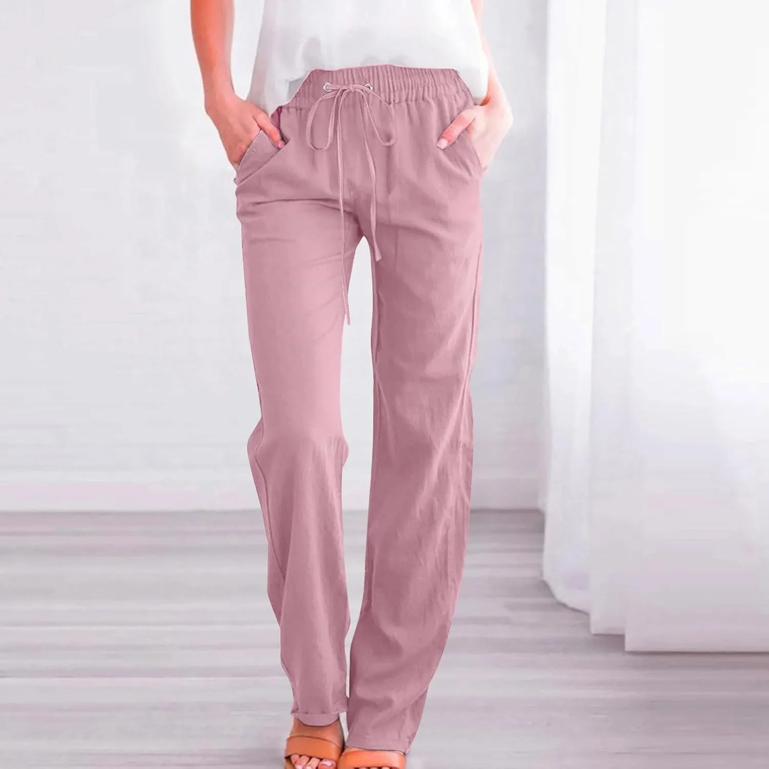 DASAYO Linen Pants Women Drawstring Elastic Waist Straight Leg Trousers Ladies Lightweight Casual Summmer Pants with Pockets