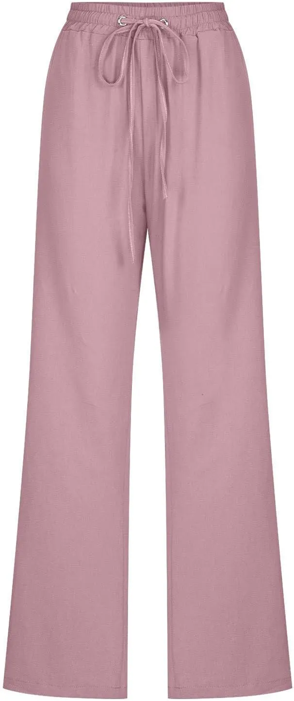 DASAYO Linen Pants Women Drawstring Elastic Waist Straight Leg Trousers Ladies Lightweight Casual Summmer Pants with Pockets