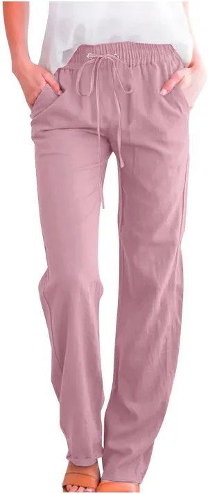 DASAYO Linen Pants Women Drawstring Elastic Waist Straight Leg Trousers Ladies Lightweight Casual Summmer Pants with Pockets