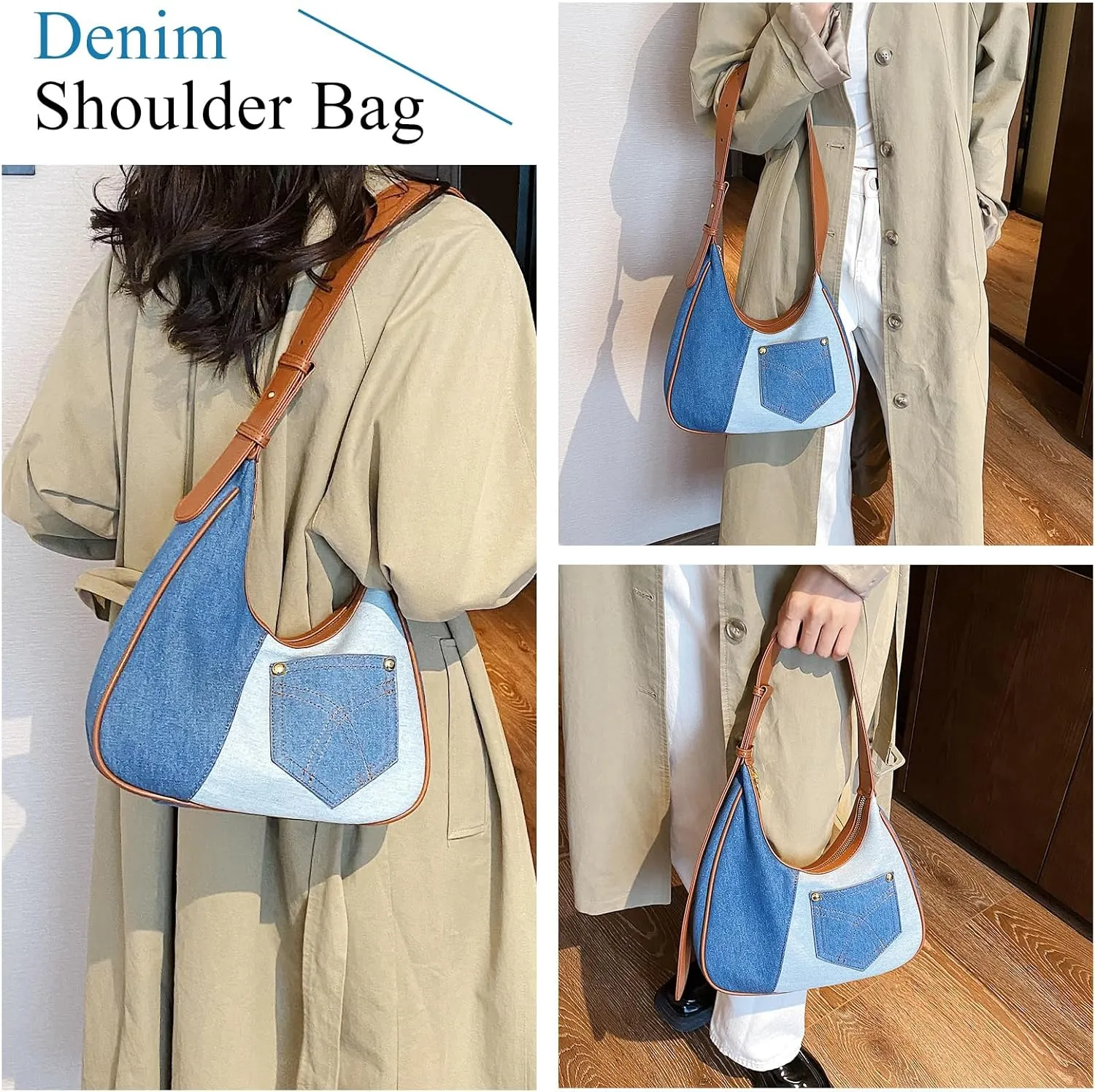 Denim Bag, Trendy Jean Purses for Women Y2K Denim Shoulder Bag Hobo Purses Handbag